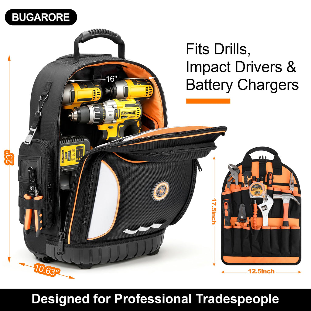 16" Rolling Tool Backpack with Wheels, 75 Pockets Electrician Tool Bag for Construction HVAC, 1680D Waterproof