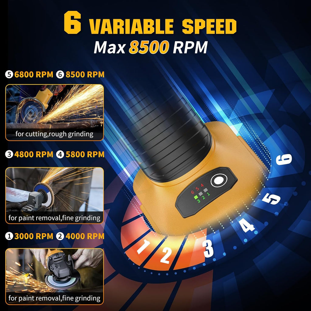 Angle Grinder Brushless fit DEWALT 20V Battery, 6 Variable Speed Power Grinder 4-1/2" Cordless for Cutting Grinding