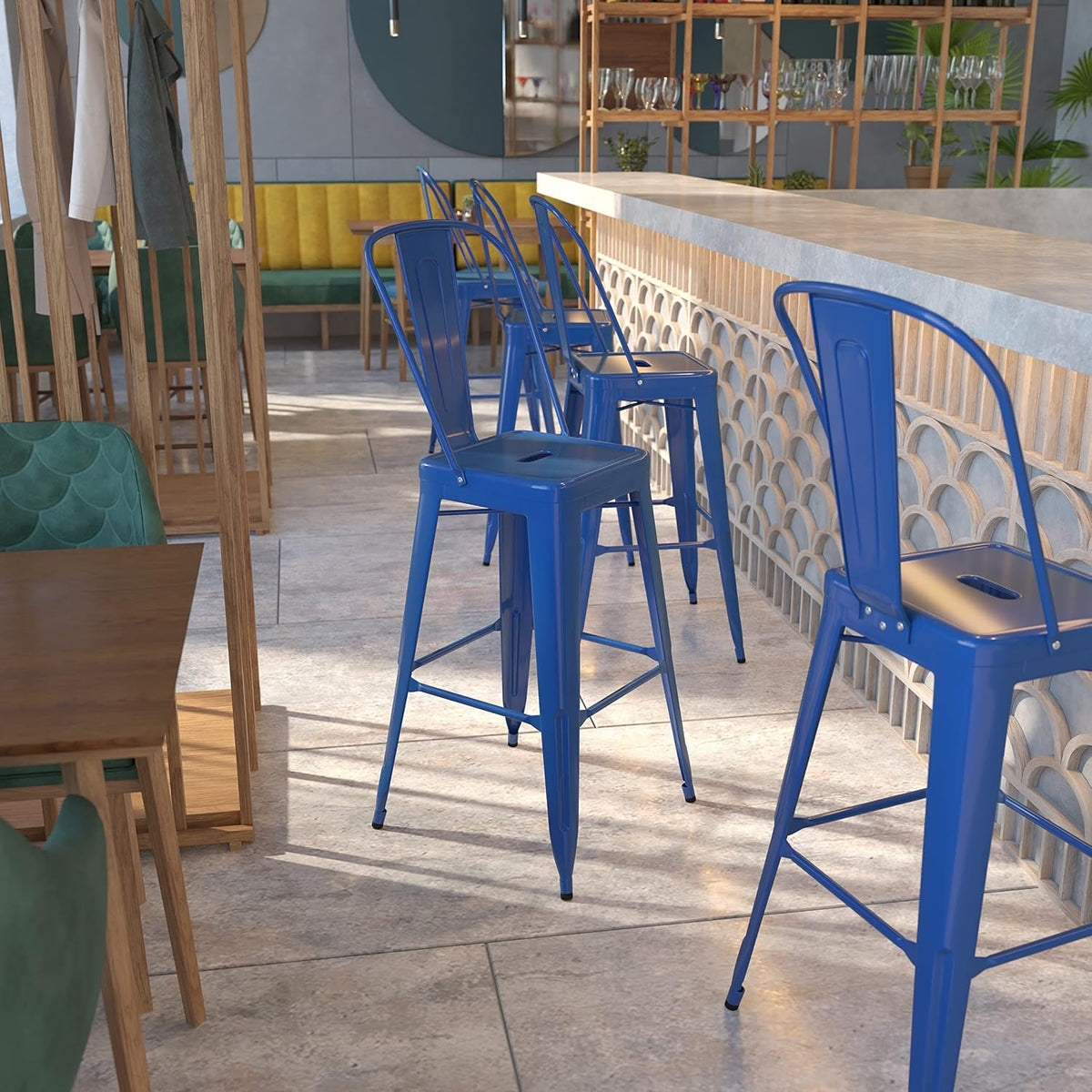 30" H Blue Metal Indoor-Outdoor Barstool with Back