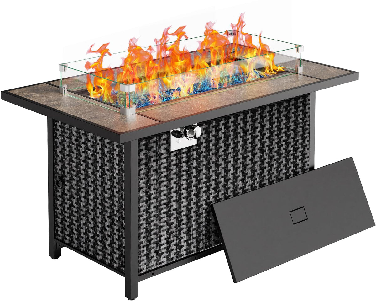 43″ Fire Pit Table, Outdoor Propane Fire Pit Table with Premium Ceramic Tabletop, Glass Wind Guard, Lid, Glass Rock