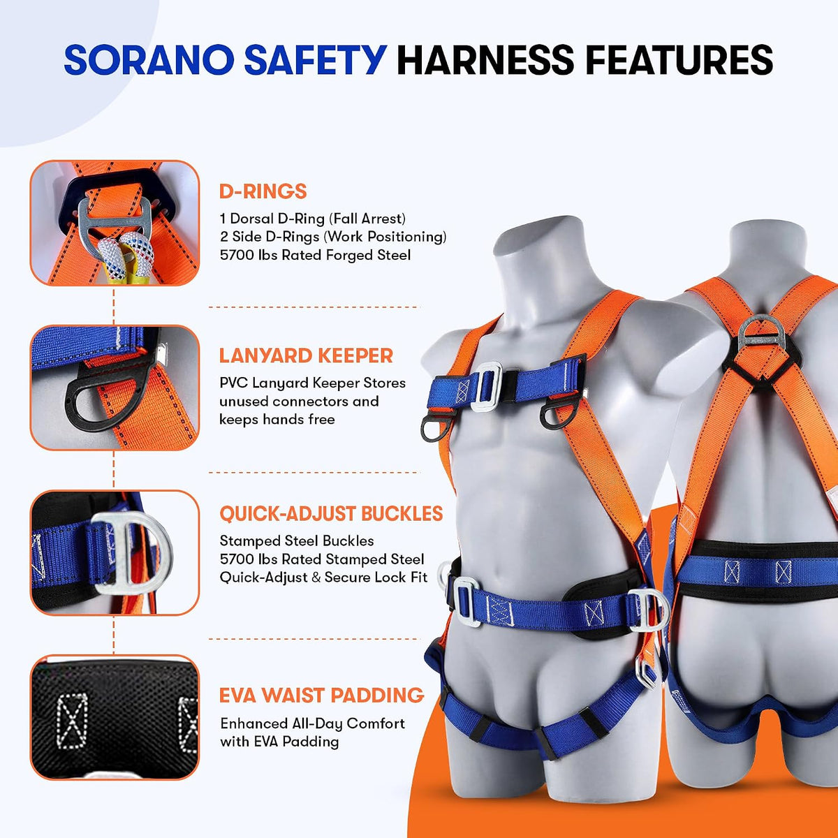 Harness Fall Protection Kit, Full Body Roofing harnesses with Shock Absorbing Lanyard for Men & Women OSHA/ANSI