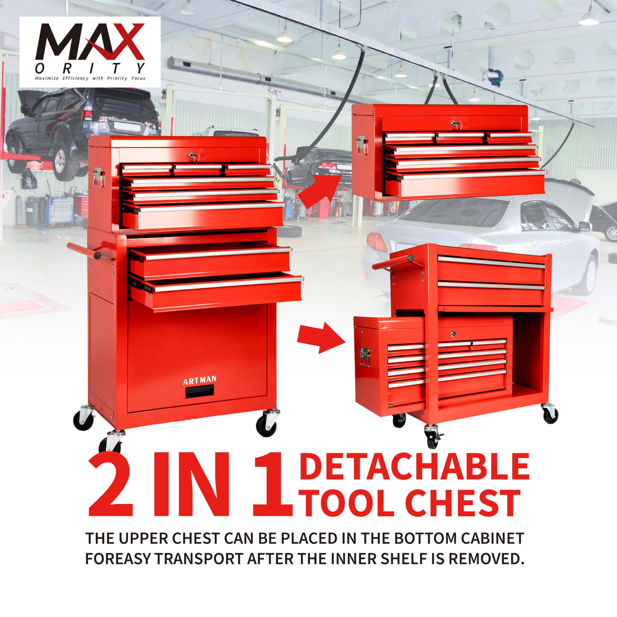 8-Drawer Rolling Tool Chest with Lockable Wheels, Sliding Drawers, Detachable Top & Adjustable Shelf – Heavy Duty