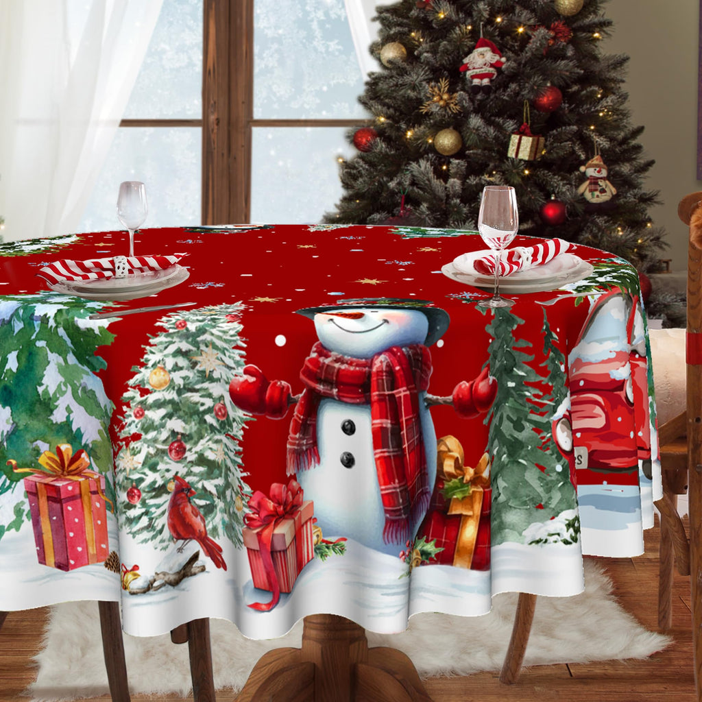 Christmas Round Tablecloth 60 Inch, Christmas Decorations for Home Snowmen Red Table Cloth for Round Festival, Xmas