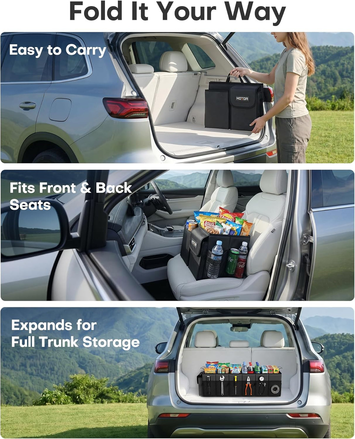 Trunk Organizer, Sturdy Foldable with Cooler for Car & SUV, 3 Compartments, Black, 30.90”×12.60”×10.63”