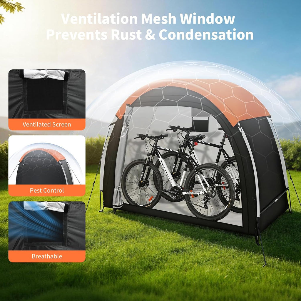 Bike Storage Tent with Rain Cover, PU5000 Waterproof 2-Bike Shed | Side-Door 210D Shelter with Mesh Window for Lawn
