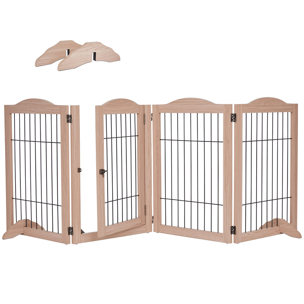 80" Wide x 31.5" Tall 4-Panel Freestanding Solid Wood 360° Configurable Pet & Dog Barrier Gate with Walk-Through Swing Door for Wide Indoor Openings, Hallways & Stairs