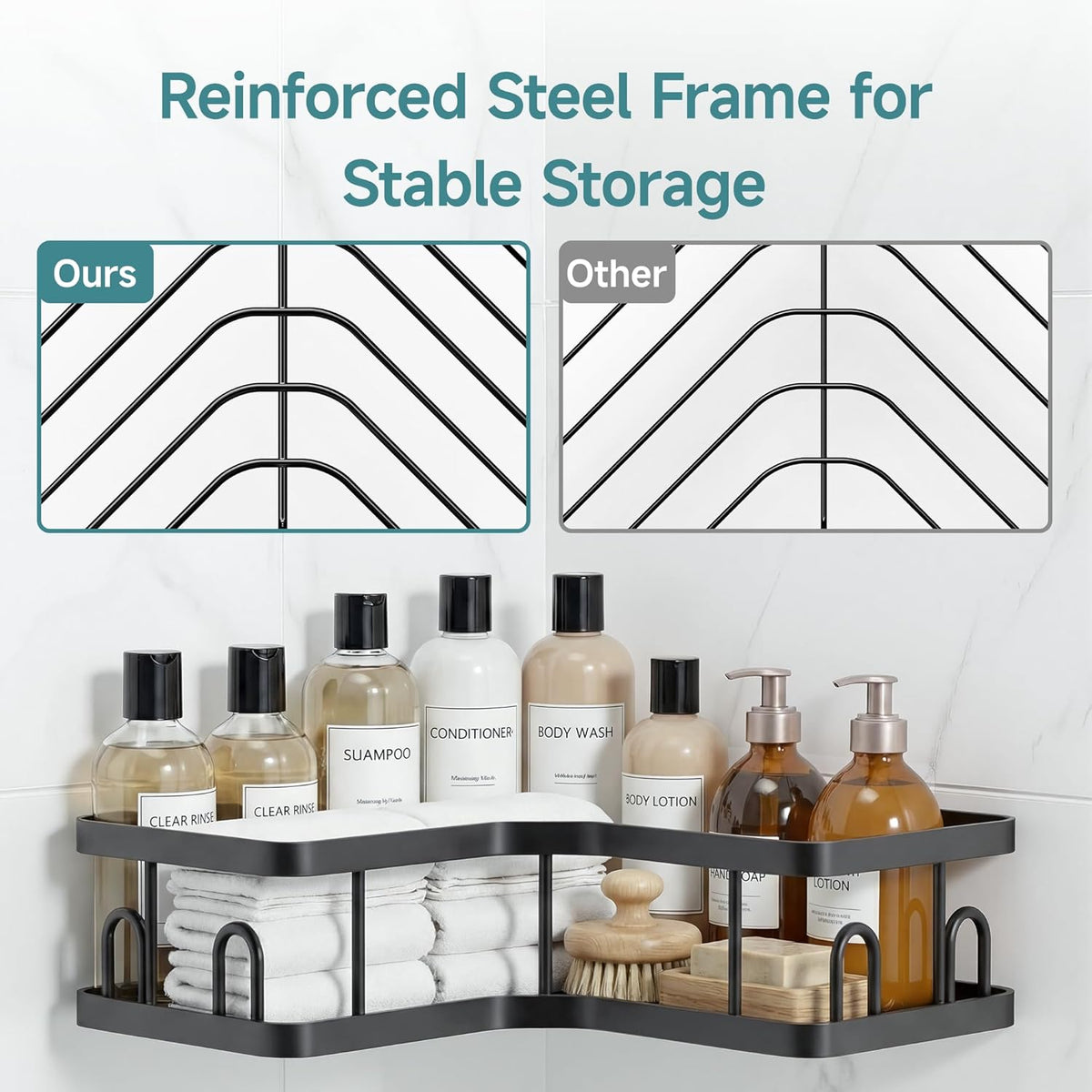Large Capacity Corner Shower Caddy 5-Pack, Advanced Rustproof Design | No Drilling Adhesive Shelves, Rack with Soap