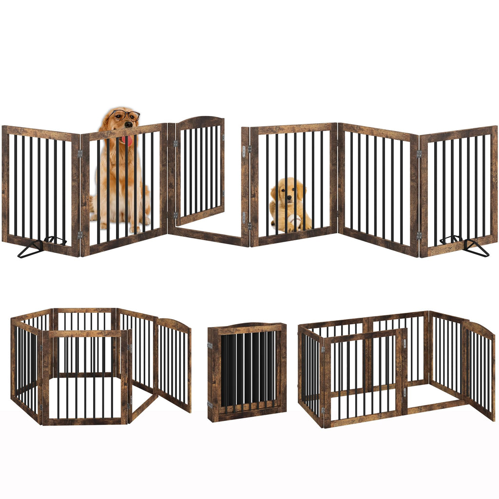 144" x 30" Freestanding Solid Wood Folding Pet & Dog Barrier Gate with Walk-Through Swing Door for Wide Indoor Openings, Hallways & Stairs — Rustic Brown