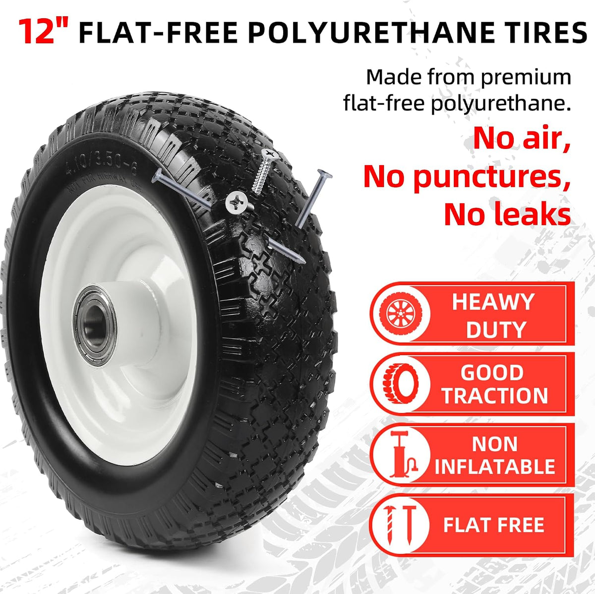 (2-Pack) 12" Flat-Free Solid Tire and Wheel, with 3-3/4" Centered Hub & 1" Bore, Fits 25mm Axle Shaft, Replacement