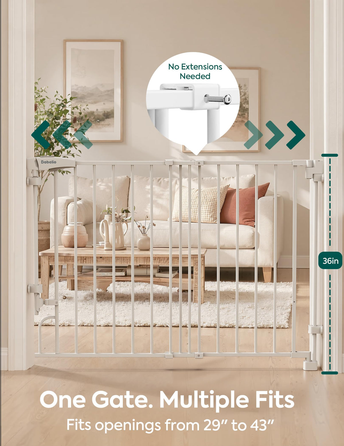 36" H x 29-43" W Adjustable Hardware/Pressure-Mounted Pet & Child Safety Gate with Dual-Lock Walk-Through Swing Door for Stairs, Hallways & Wide Doorways — White