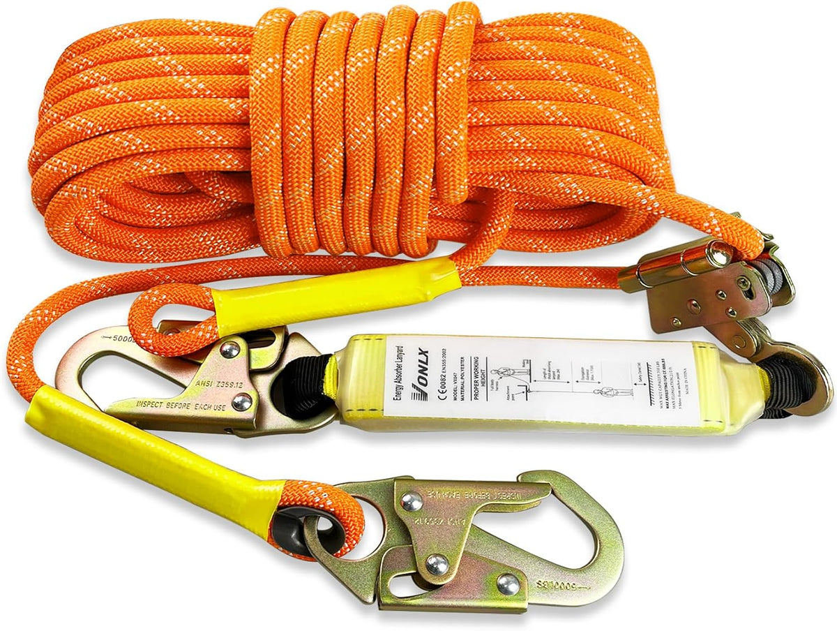Fall Protection Safety Rope 25FT Heavy Duty Vertical Roofing Rope with Alloy Steel Grab Snap Hooks Shock Absorber