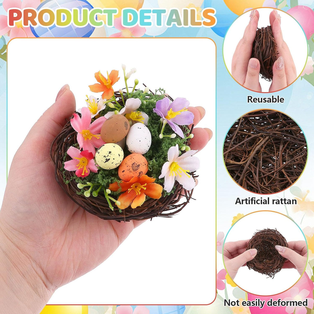 8 Sets Bird Nest Decor Kit Artificial Bird Rattan Nests with Colorful Eggs Moss Flowers DIY Faux Nest Spring Decor