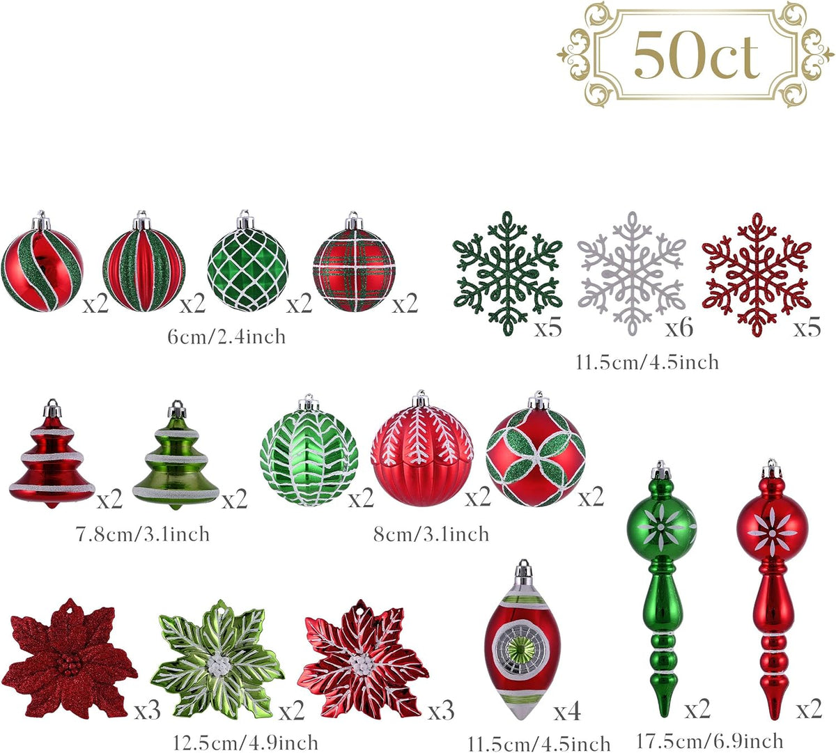 Christmas Tree Ornaments Set, 50ct Red Green White Shatterproof Christmas Tree Decorations Bulk, Variety Vintage