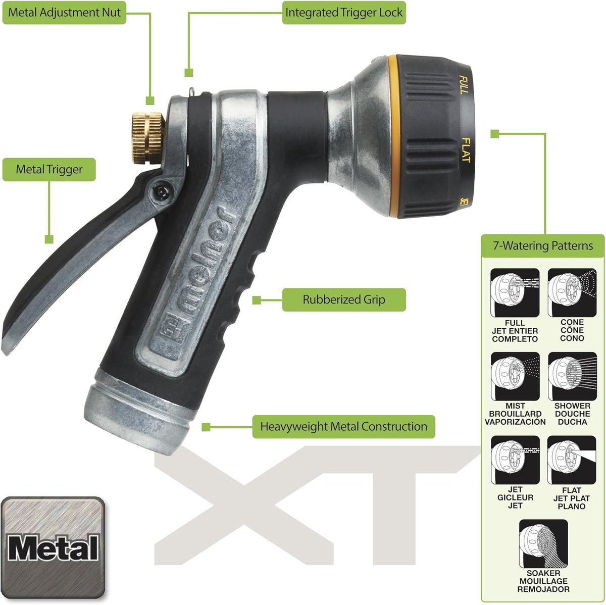 65020-AMZ Metal Multi-Pattern Hose Nozzle with Rear Trigger Grip, 7 Spray Patterns, Heavy-Duty Metal Construction