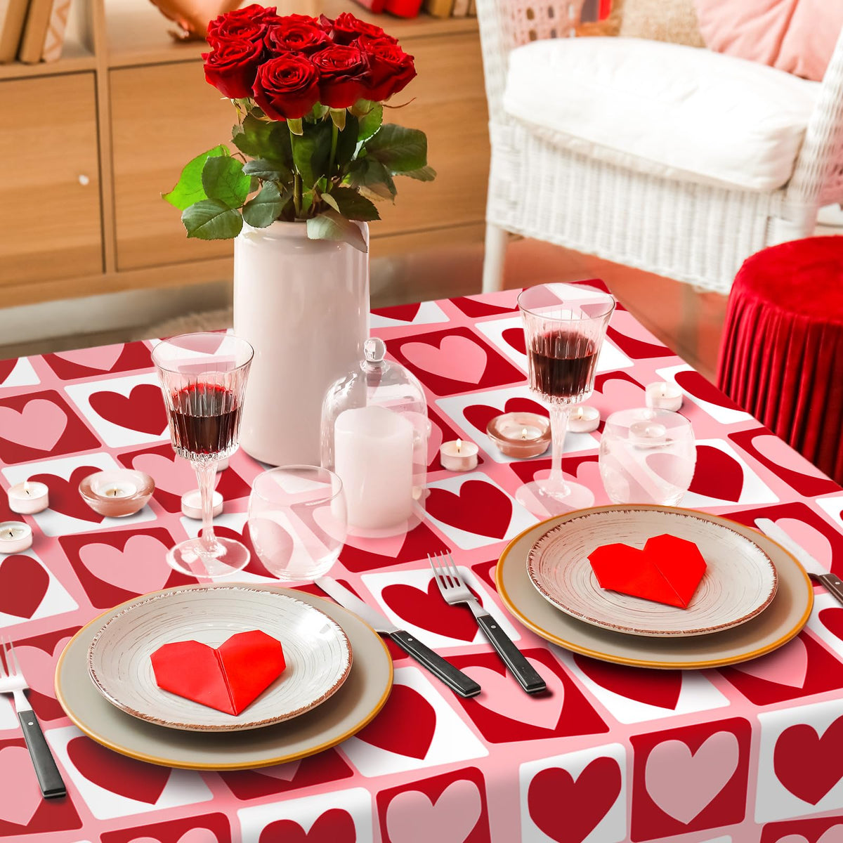 Valentine's Day Rectangle Tablecloth Red Pink Hearts Plaids Fabric Table Cloth Washable Love Heart Table Cover for