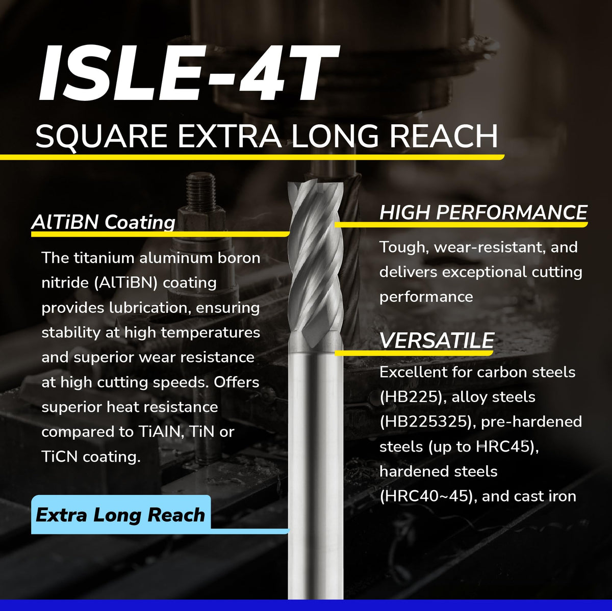 SPEED TIGER Micrograin Carbide Square End Mill Extra Long Reach - 4 Flute - ISLE3/8 4T (1 Pieces, 3/8") - for Milling Alloy Steels, Hardened Steel, Metal & More – for DIYers & Professionals