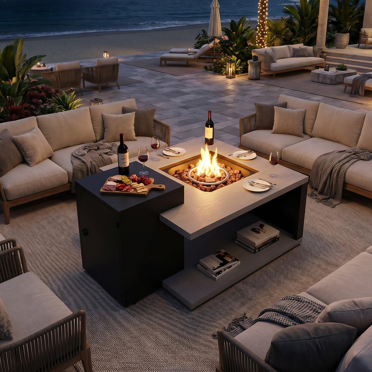 Rectangular Outdoor Fire Table with Propane Tank Cabinet, 50000BTU Aluminum Alloy Fire Pit Table for Patio Grey &