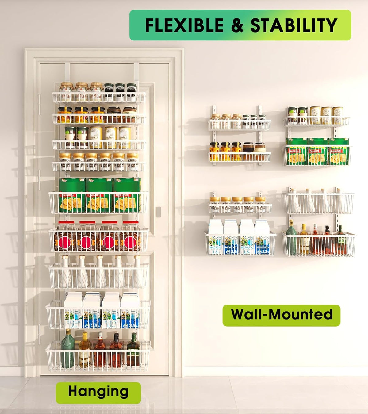 White 9-Tier Over The Door Pantry Organizer, Pantry Organization and Storage, Deep Baskets Hanging Heavy-Duty Metal