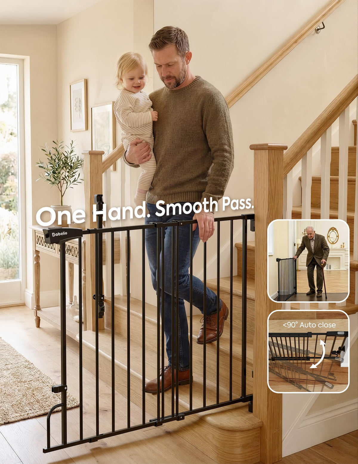 35.5-55" x 30" H Adjustable Hardware/Pressure-Mounted Pet & Child Safety Gate with Dual-Lock Walk-Through Swing Door for Stairs, Hallways & Wide Doorways — Black