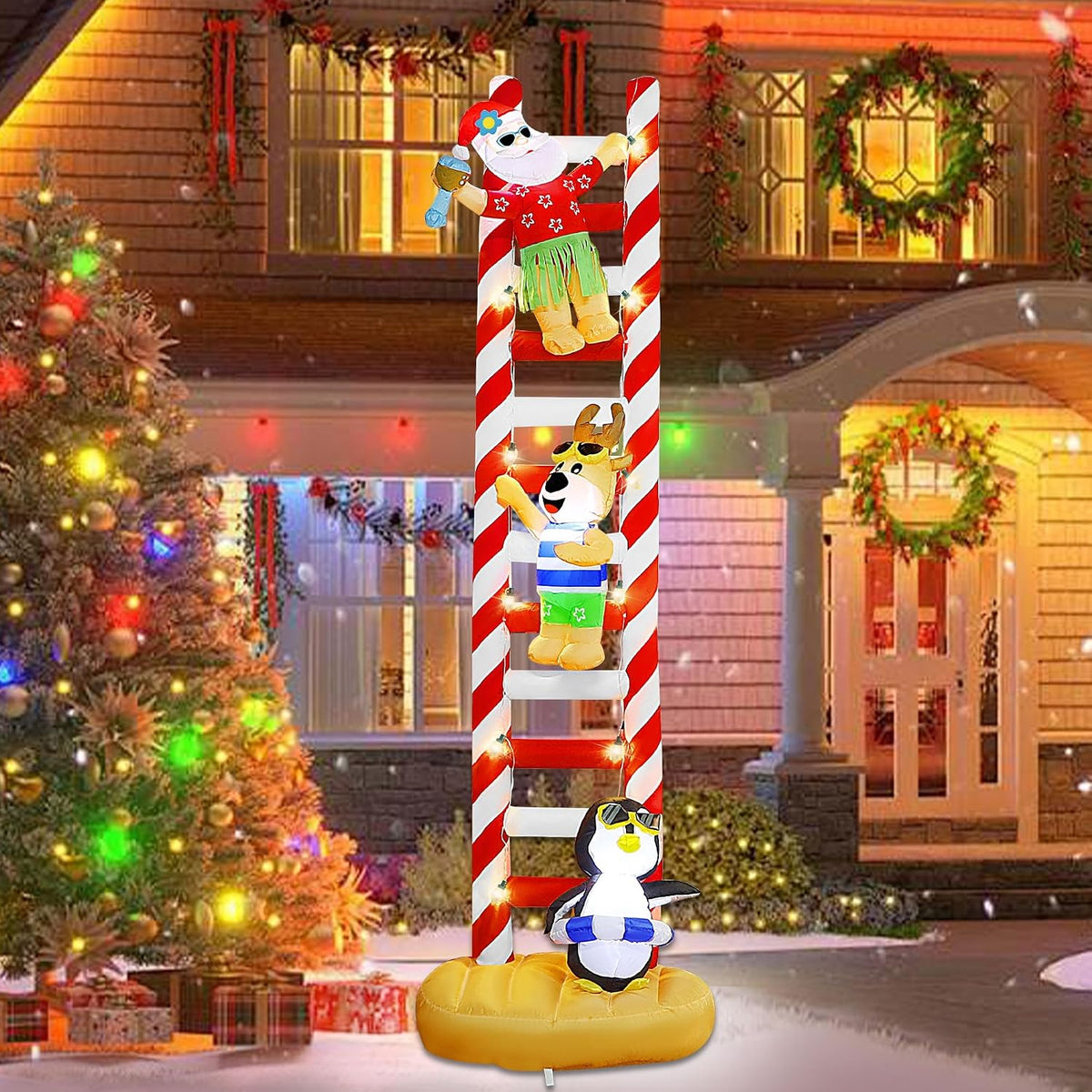 10FT Christmas Inflatable, Hawaii Beach Themed Giant Ladder | Lighted Blowups, Climbed with Penguin, Reindeer, Santa