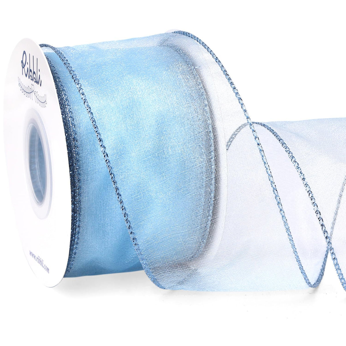 Blue Organza Wired Ribbon, Baby Blue Sheer with Metallic Edge