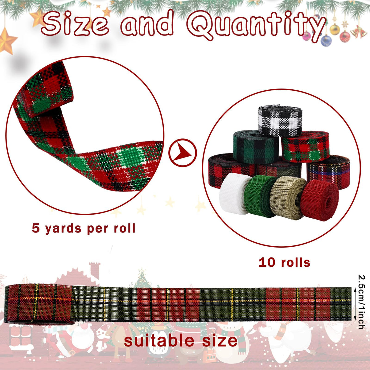 10 Rolls 50 Yards Christmas Burlap Ribbon Rolls 1 Inch Wired Plaid Wrapping Ribbons Xmas Decorative Ribbon for Wreath