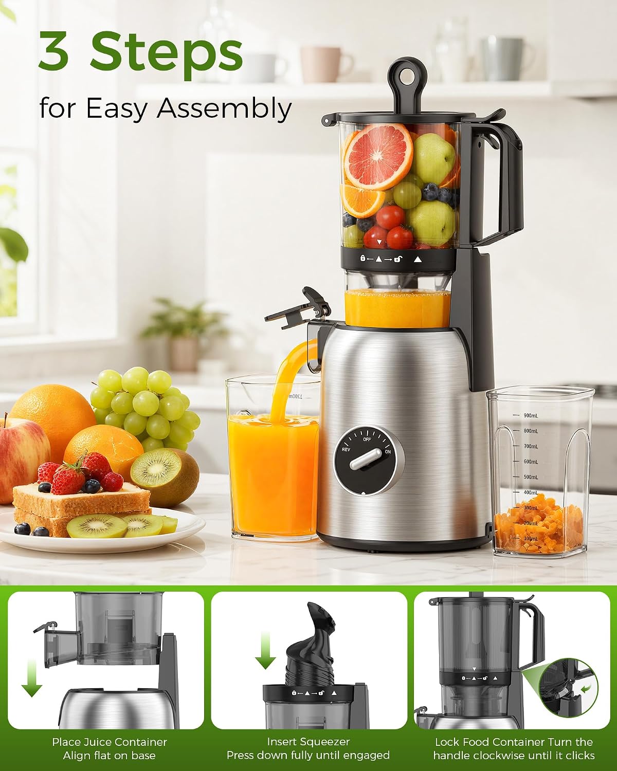 Cold Press Juicer, Juicer Machines with 5.4" Wide Feed Chute, High Juice Yield Slow Masticating Juicer, Quiet Motor