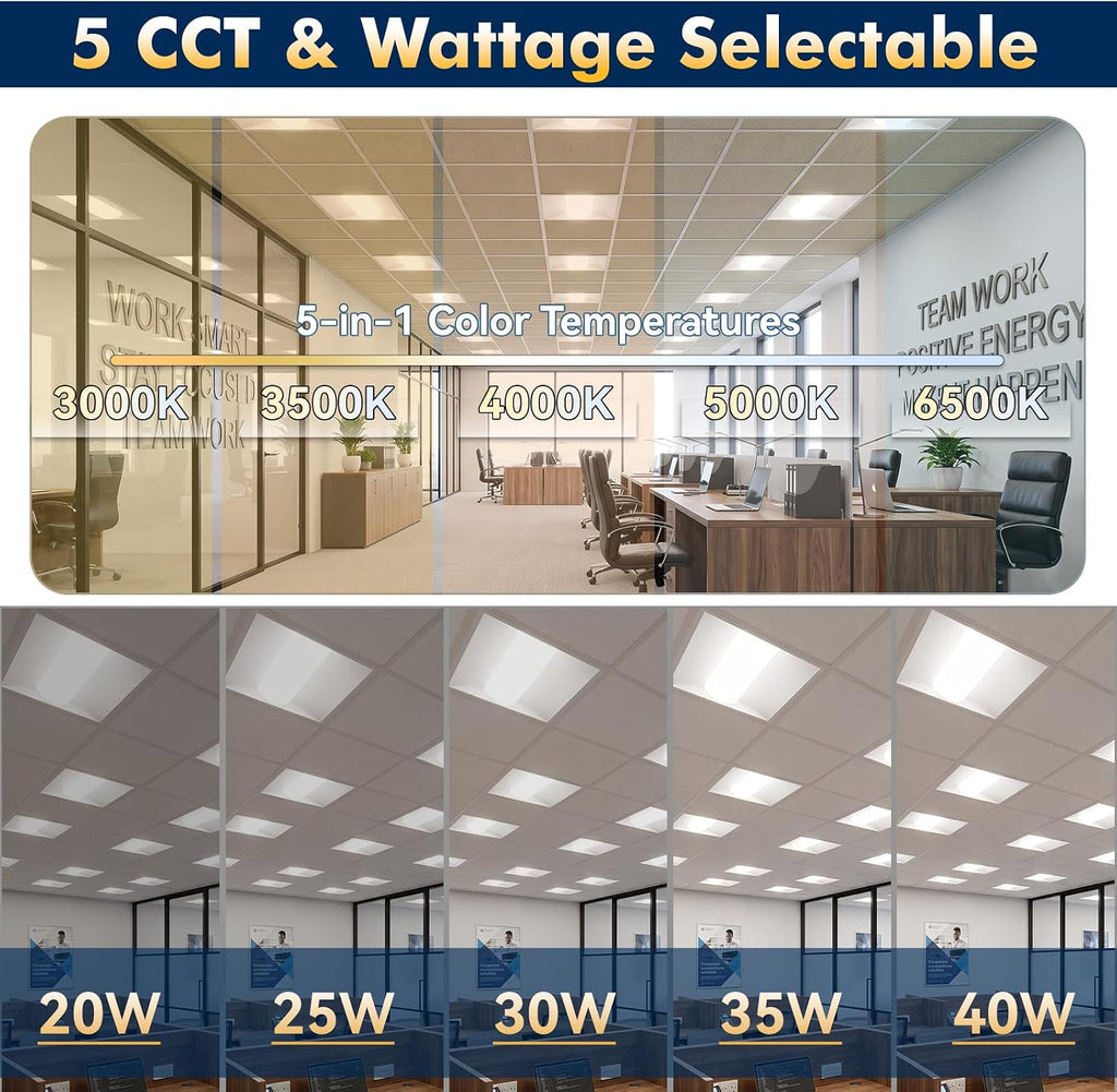 2x2 LED Troffer Light, 5 Wattages, 5CCT, 0-10V Dimmable, 24 Pack