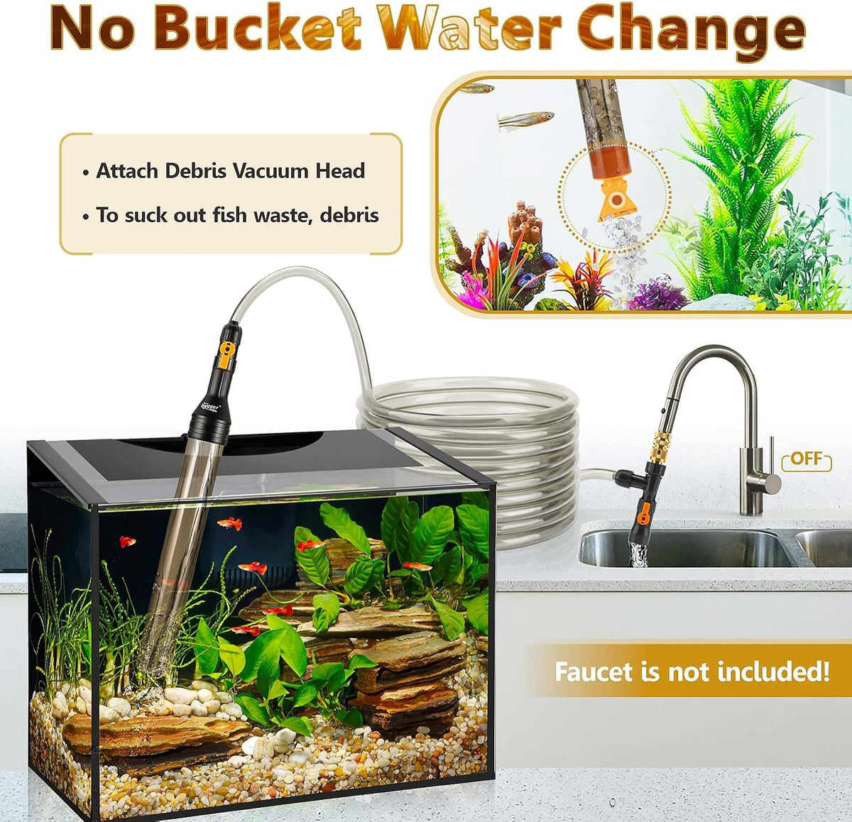 Bucket-Free Aquarium Water Change Kit Metal Faucet Connector Fish Tank Vacuum Siphon Gravel Cleaner with Long Hose