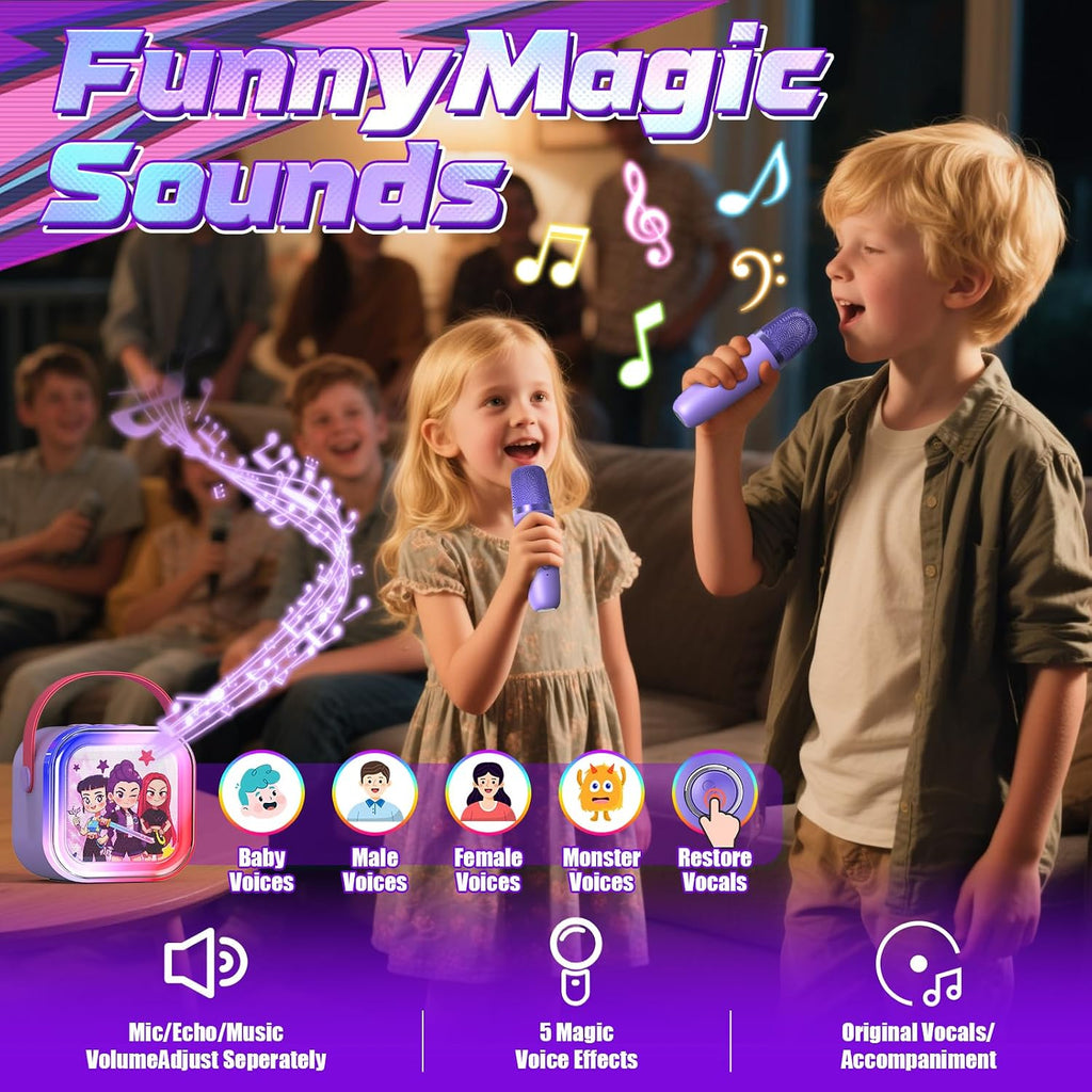 Mini Karaoke Machine for Kids,5 Voice Effects - Portable Bluetooth Speaker with 2 Wireless Mics LED Lights for Boys