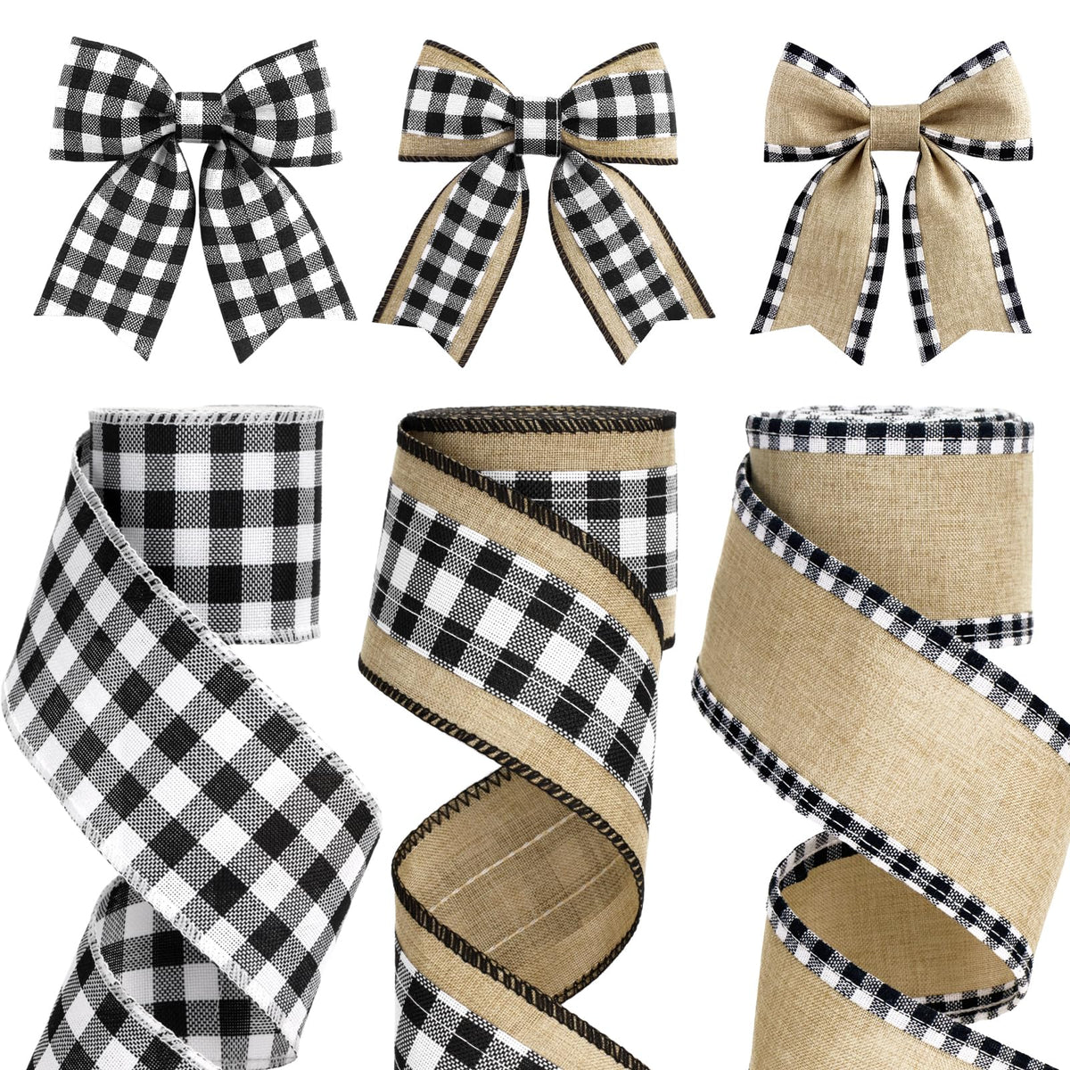 Buffalo Plaid Ribbon Wired – 3 Rolls 2.5'' x 18 Yards, Burlap Black and White Plaid Ribbons for Crafts, Christmas