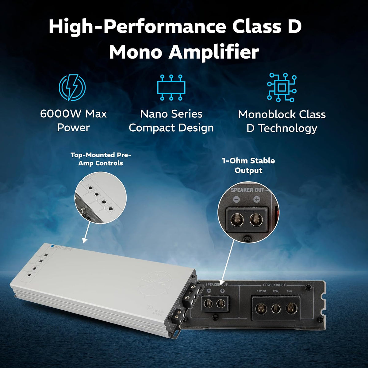 Picasso Nano PN1.6000DX Monoblock Class D Car Stereo Amplifier – 1 Channel 6000W Compact Digital Amp with Wired Bass