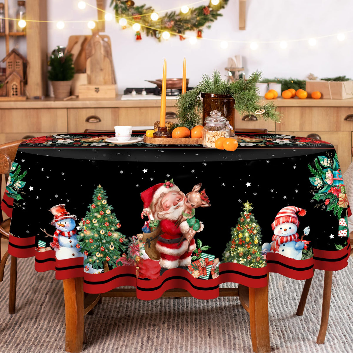 Christmas Round Tablecloth 60 Inch, Christmas Table Decorations Table Cloth for Round, Xmas Santa Tablecloths