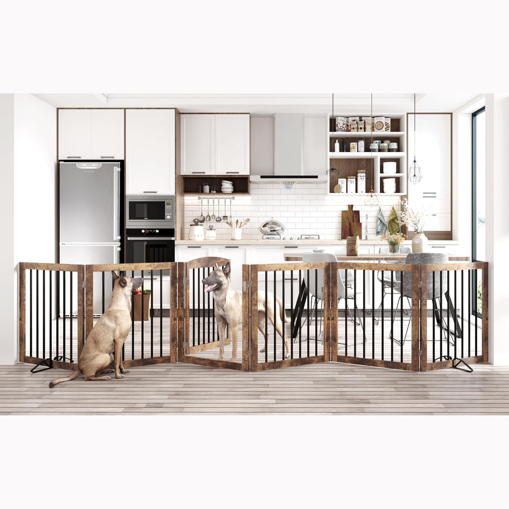 144" x 30" Freestanding Solid Wood Folding Pet & Dog Barrier Gate with Walk-Through Swing Door for Wide Indoor Openings, Hallways & Stairs — Rustic Brown