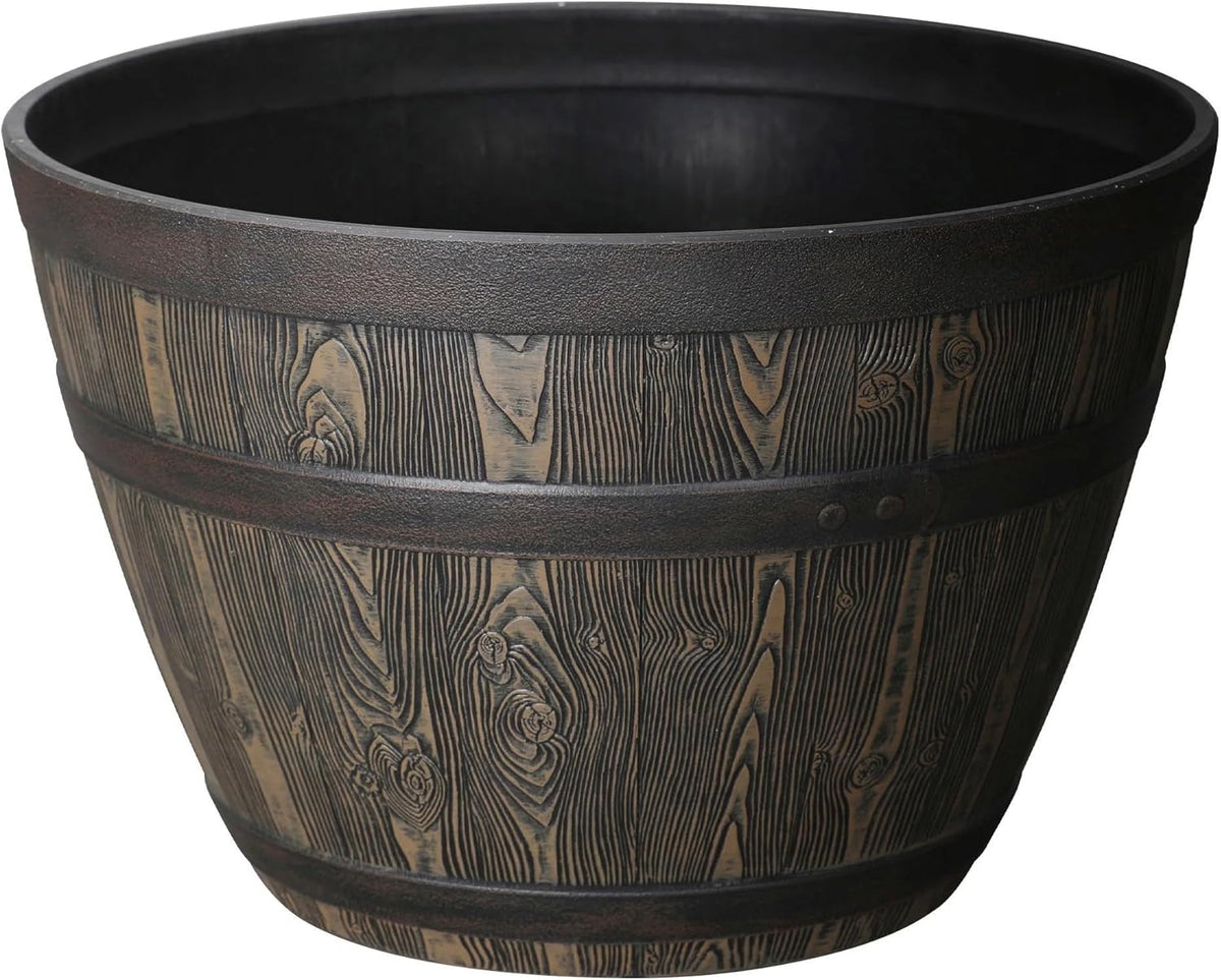 20 Inch Whiskey Barrel Planter, 100% Recycled Resin Large Round Flower Pot with Wood Grain Detail, Indoor Outdoor