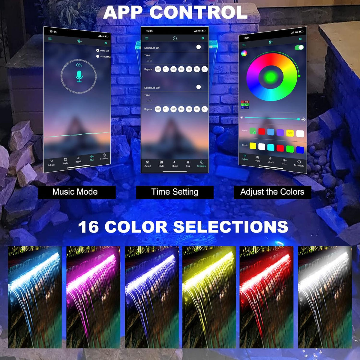24'' APP Pool Waterfall with 16 Colors LED Lights, Acrylic Pond Fountain Set for Outdoor Decorations, Patio Waterfall