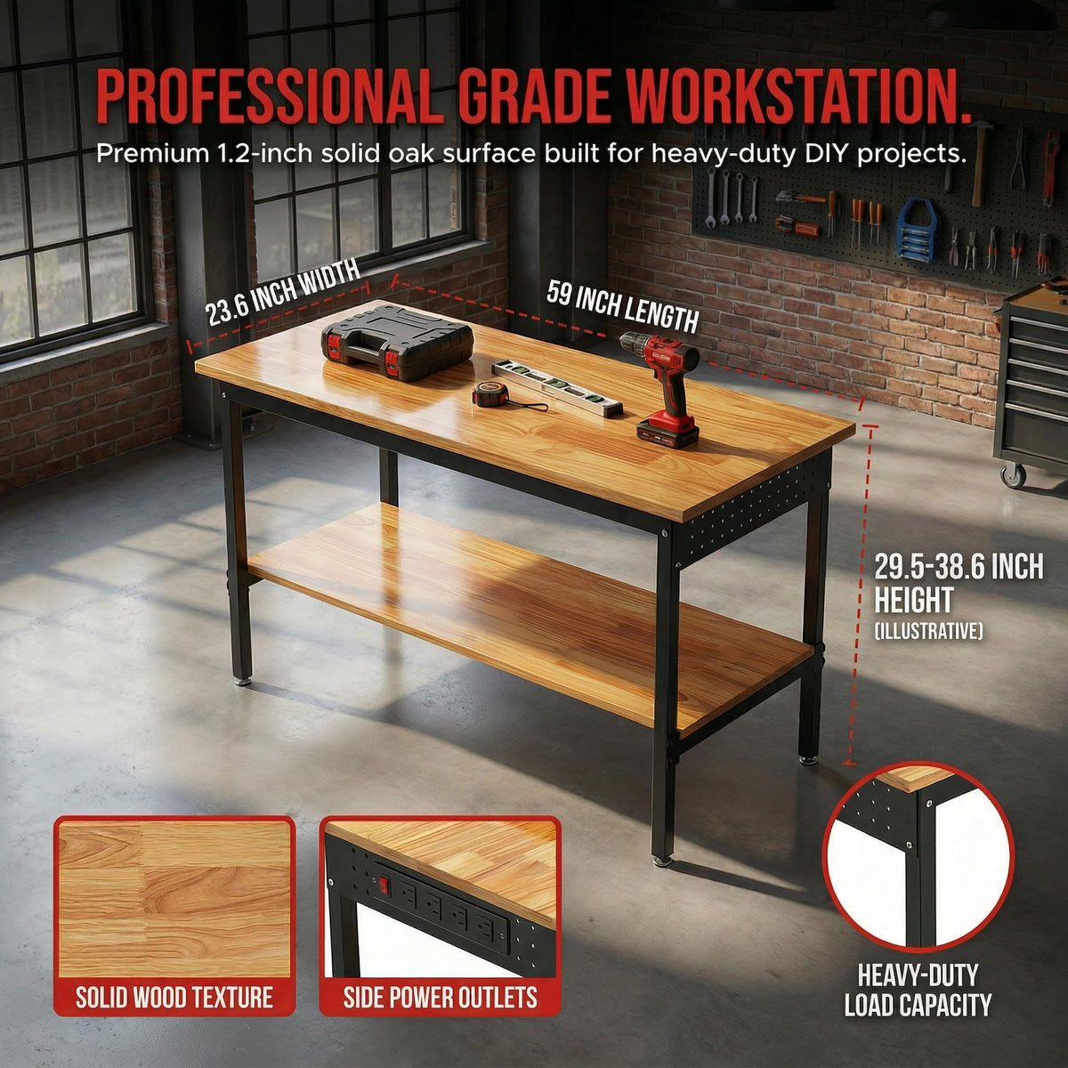 Double Layer 60 Inch Adjustable Workbench for Garage with Storage