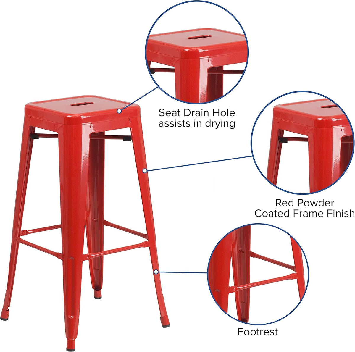 Commercial Grade 30" High Backless Red Metal Indoor-Outdoor BarStool with Square Seat