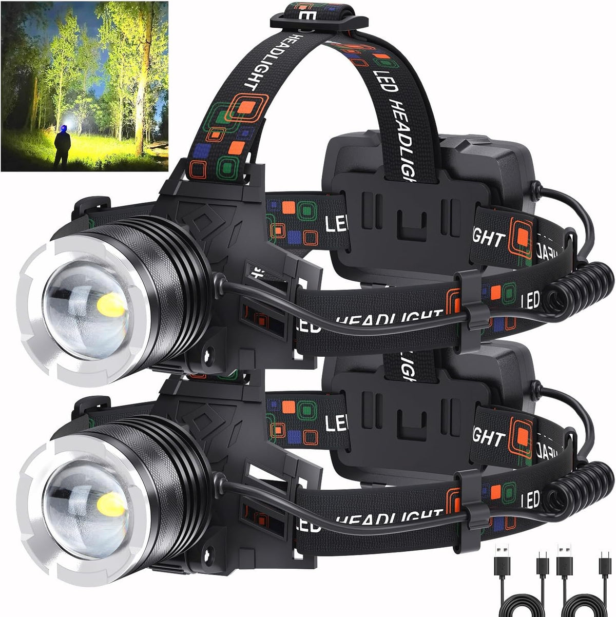 LED Rechargeable Headlamp, 99,000 Lumens Head Lamps Super Bright Long Distance Headlamps with 5 Mode Waterproof, 90°