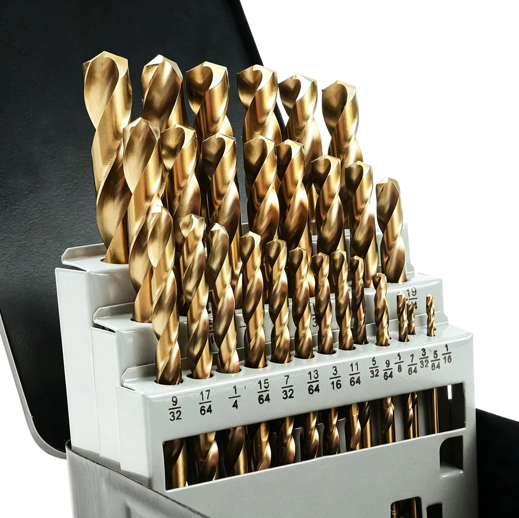 Boltly 29Pcs Cobalt Drill Bit Set, 135 Degree Tip High Speed Steel, Stainless Steel, Plastic and Wood with Indexed Round Case 1/16"-1/2"