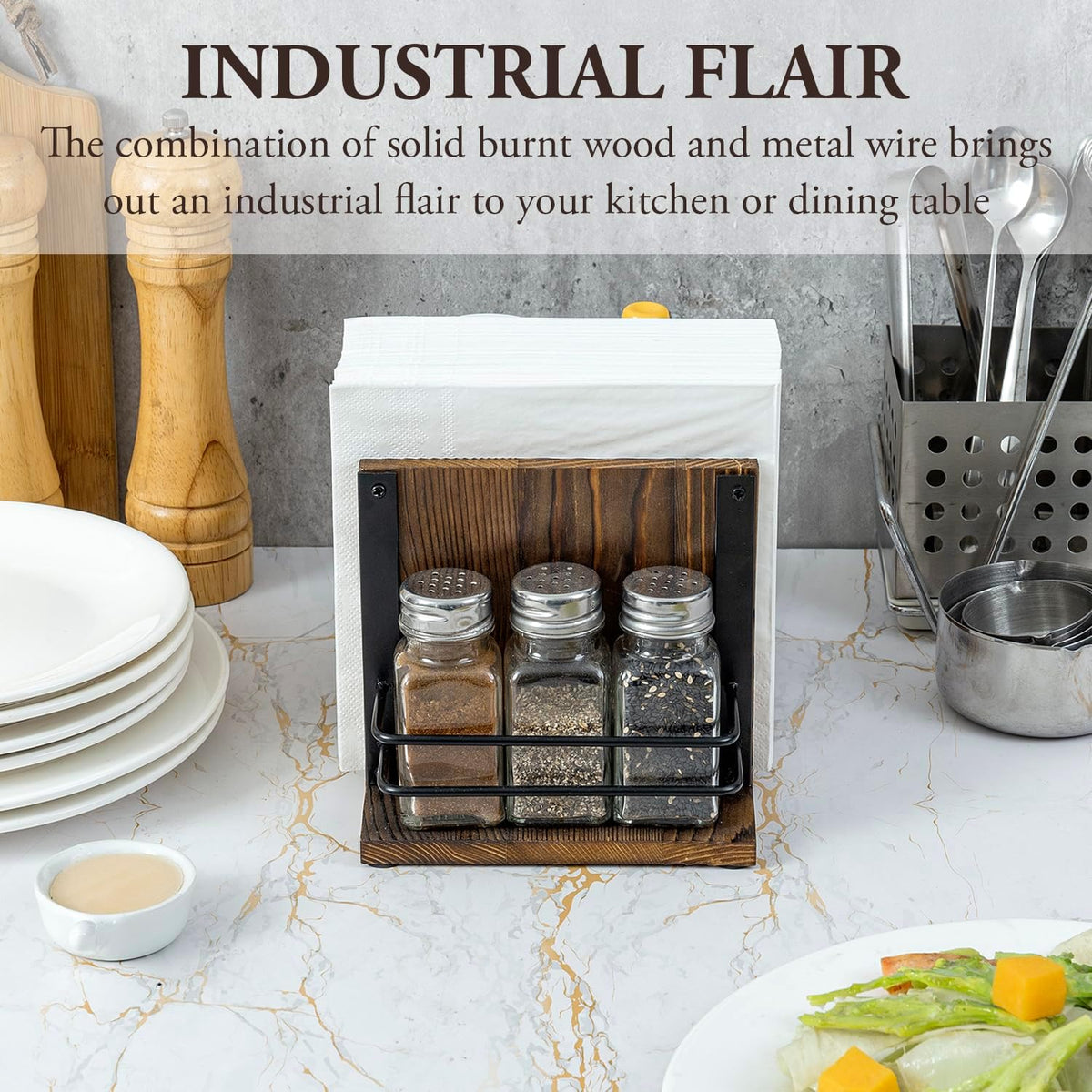 Napkin Holder for Table Rustic Burnt Solid Wood Tabletop Napkin Holder and Condiment Server Dining Caddy with 3 Salt