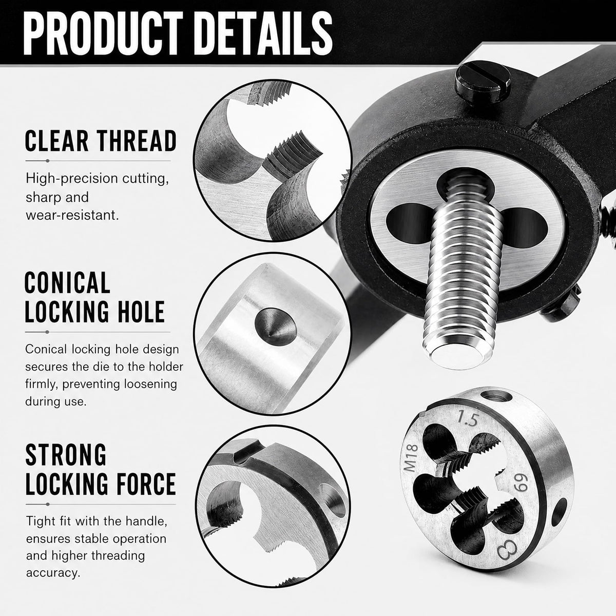 YUEARN M18 X 1.5mm Metric Tap and Die Set, HSS Straight Fluted Machine Thread Tap Right Hand Screw Tap and Round Thread Die for Mold Repair and Metalworking