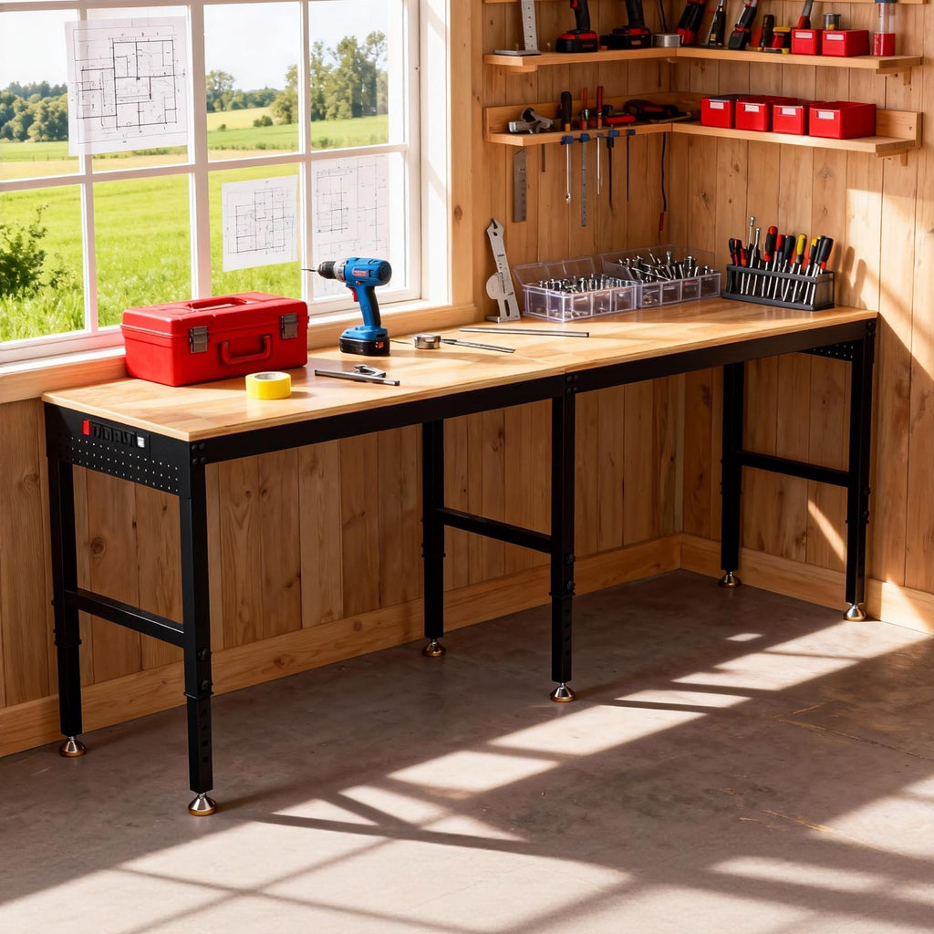 96" 2-in-1 Convertible Adjustable Workbench, L-Shaped & Extended 5000 LBS Heavy Duty Work Table with Power Outlets &