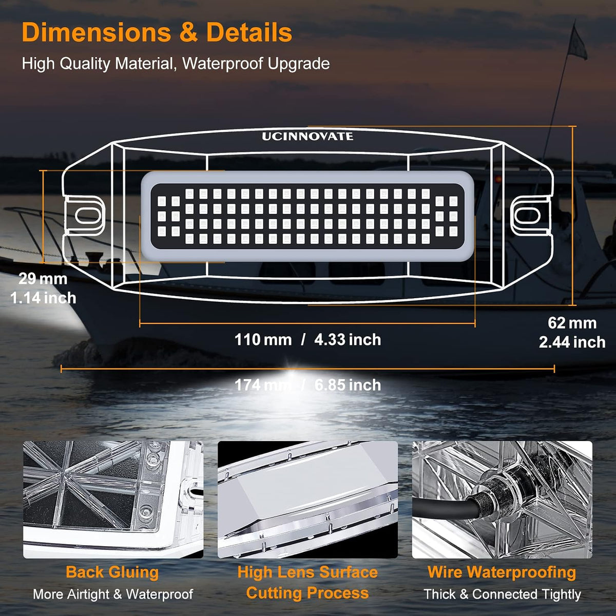 UCINNOVATE 2X 6.9” Marine LED Boat Light, 3000LM 84LEDs Waterproof Transom Lights, Underwater Light for Yachts, Boats, Pontoon, Transom, Vehicles, Boat Deck Light Stern Lights (White, 12-36V, IP68)