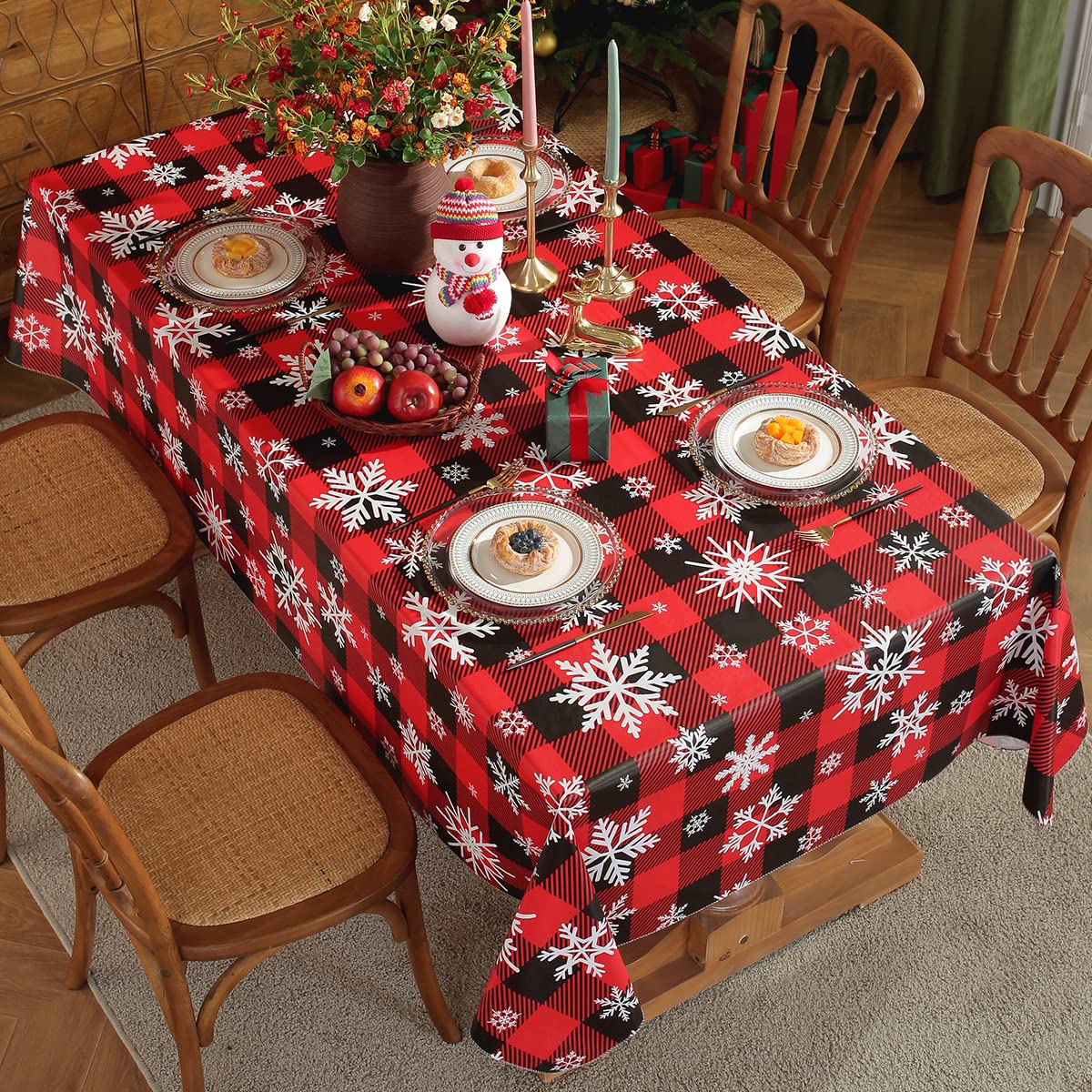 Christmas Tablecloth Rectangle Vinyl with Flannel Backing, Buffalo Plaid Snowflake Print, Waterproof & Heavy Duty