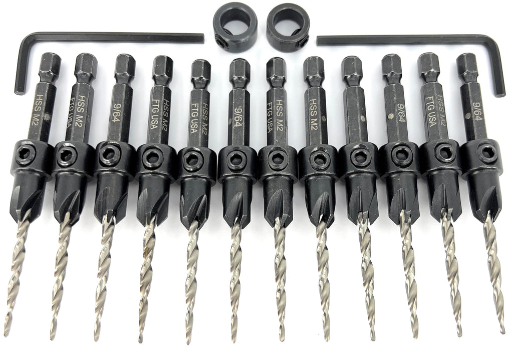 FTG USA 12 Pc #6 (9/64") Tapered Countersink Drill Bit Set with 2 Stops