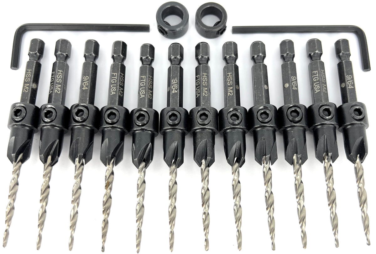 FTG USA 12 Pc #6 (9/64") Tapered Countersink Drill Bit Set with 2 Stops