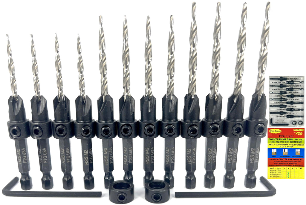 FTG USA Countersink Drill Bit Set #6, #8, #10 (4 Pc Each) Tapered Drill Bit