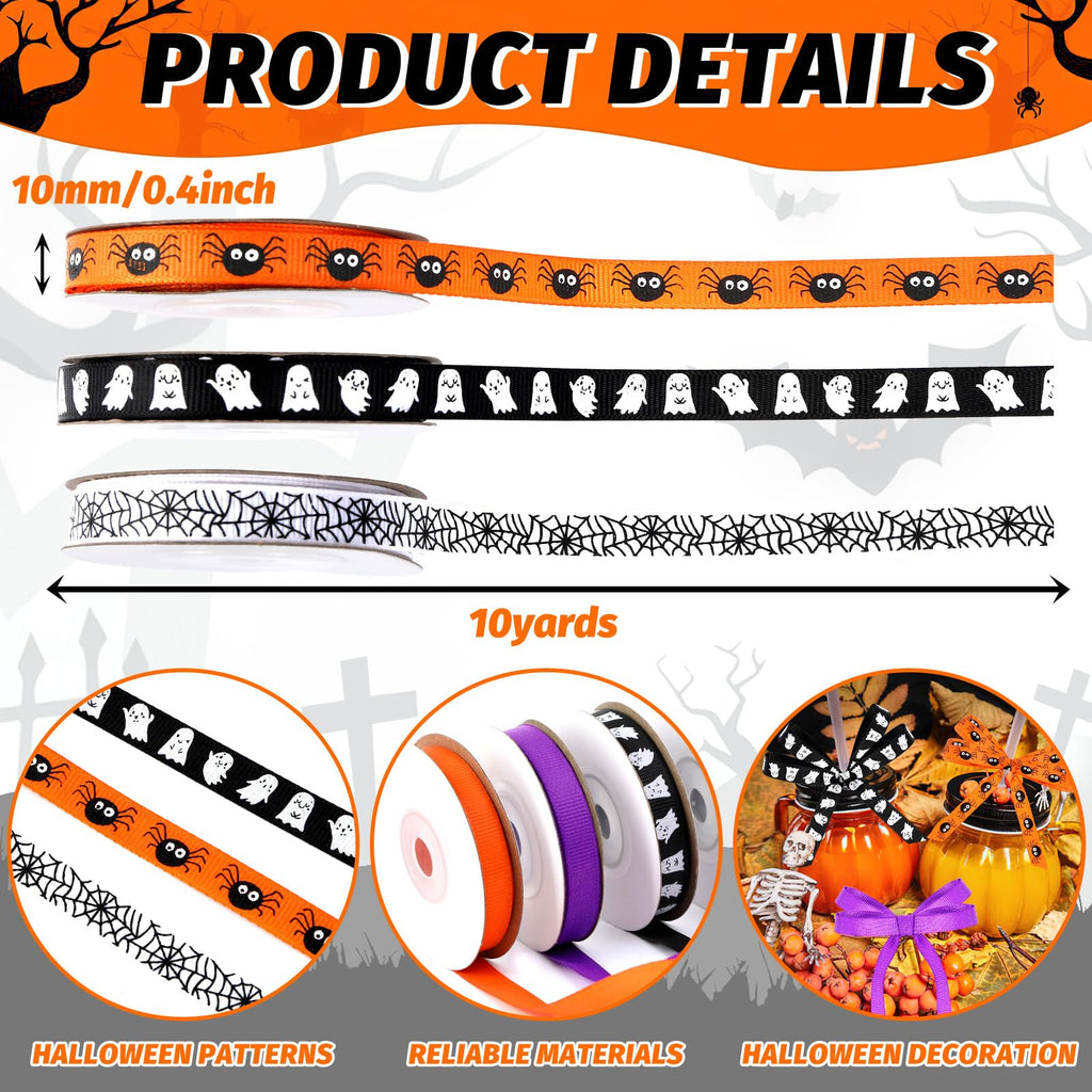 Halloween Ribbon, 6 Rolls 60 Yards Spooky Grosgrain Ribbons