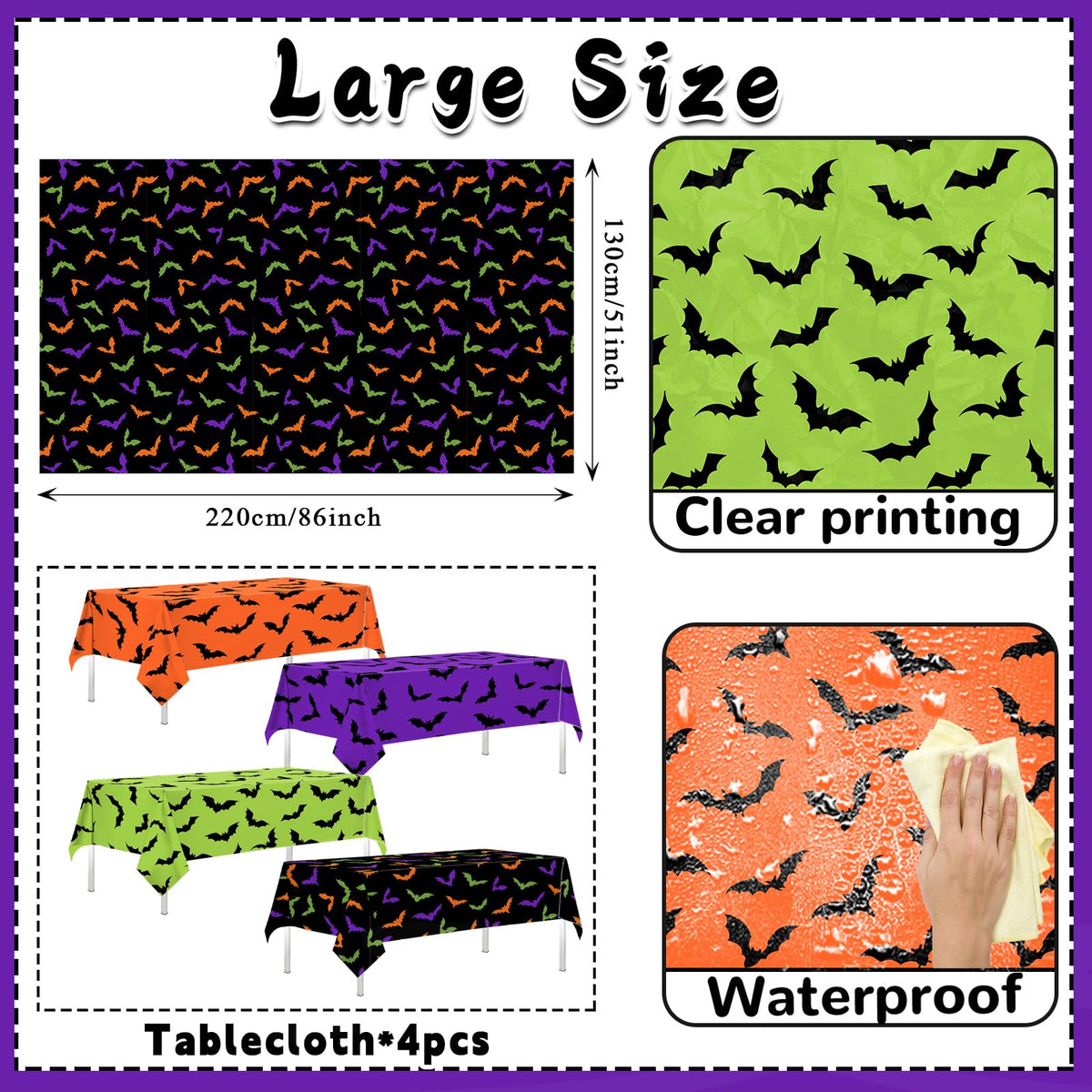 4Pcs Halloween Tablecloth - Black Orange Purple Green Spiderweb Rectangle Table Covers Halloween Birthday Decorations